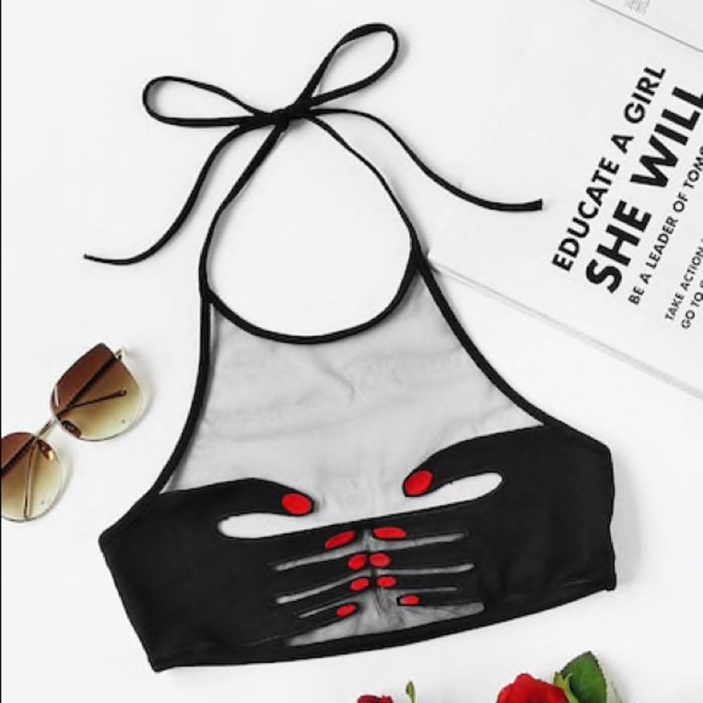 Hand With Red Nails Patch Meshed Halter Bralette